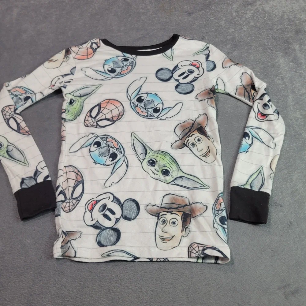 Disney Pajama Top Kids 12 White Disney 100 Character Sketch Mashup Long Sleeve